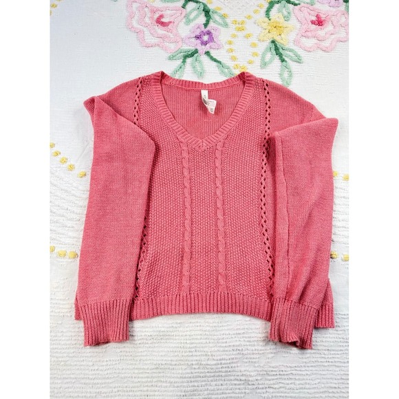 Aeropostale Women's V-Neck Knit Sweater Coral Pink Cable Stitch Medium - Picture 2 of 10